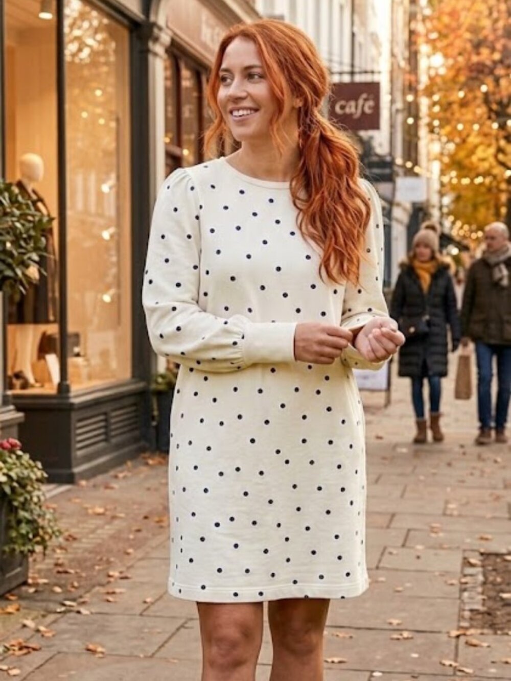 Boden Cream & Black Polka Dot Long Sleeve Knit Midi Dress - Size 10